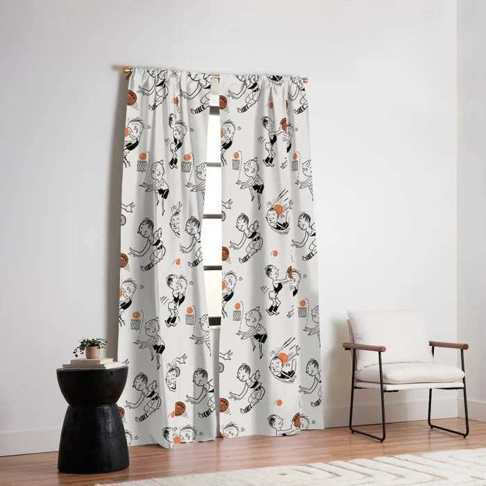 Basketball Fun Comic Illustration Pattern with Balls on Grey Background Window Curtain