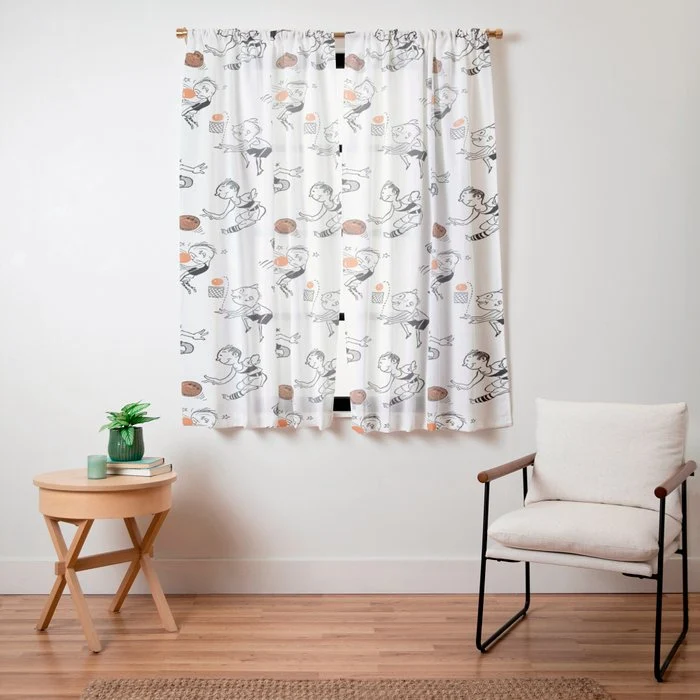 Basketball Fun Comic Illustration Pattern with Balls on Grey Background Window Curtain