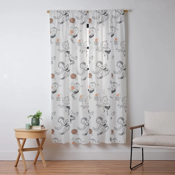 Basketball Fun Comic Illustration Pattern with Balls on Grey Background Window Curtain