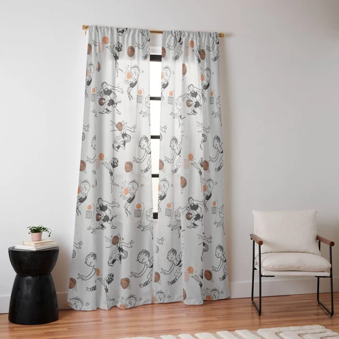 Basketball Fun Comic Illustration Pattern with Balls on Grey Background Window Curtain