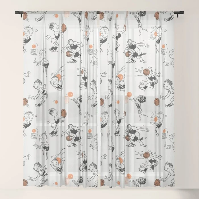 Basketball Fun Comic Illustration Pattern with Balls on Grey Background Window Curtain