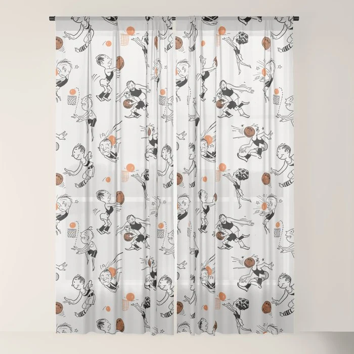 Basketball Fun Comic Illustration Pattern with Balls on Grey Background Window Curtain