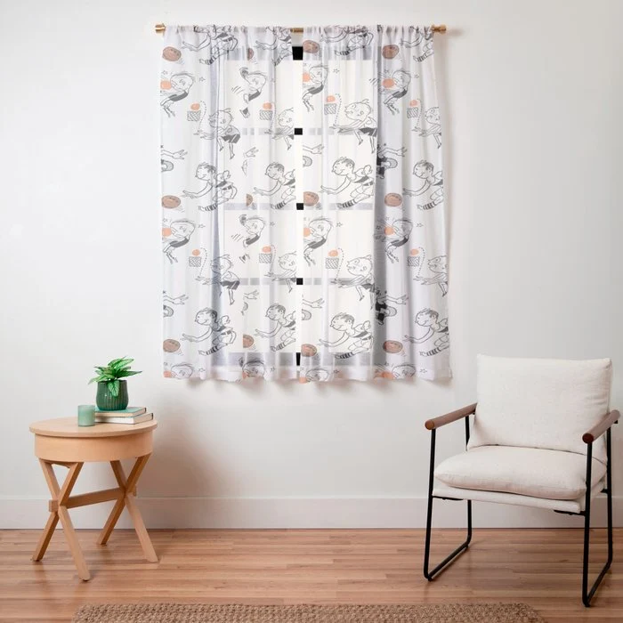 Basketball Fun Comic Illustration Pattern with Balls on Grey Background Window Curtain