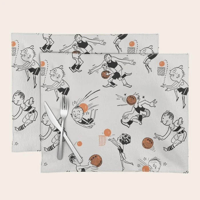 Basketball Fun Comic Illustration Pattern with Balls on Grey Background Placemat