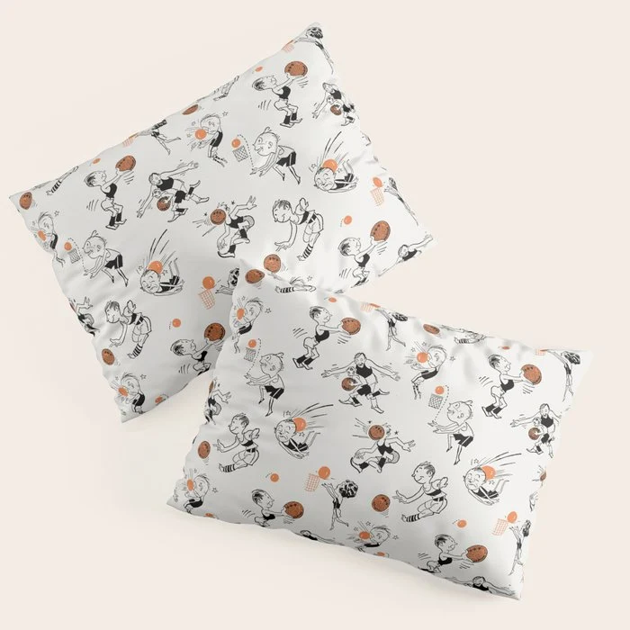 Basketball Fun Comic Illustration Pattern with Balls on Grey Background Pillow Sham