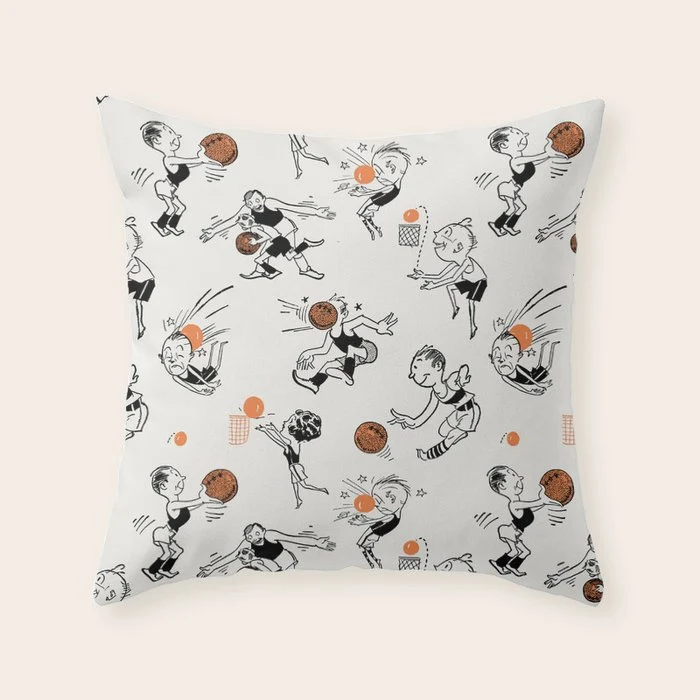 Basketball Fun Comic Illustration Pattern with Balls on Grey Background Throw Pillow