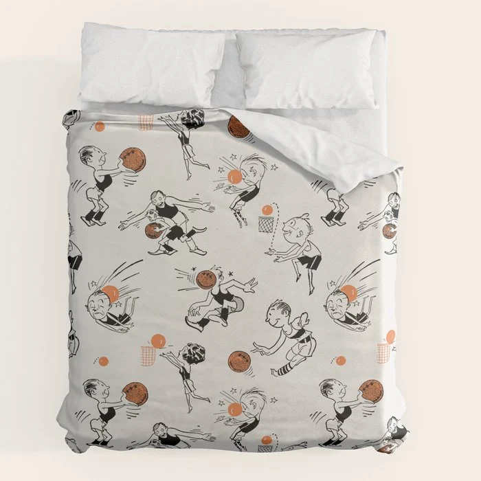 Basketball Fun Comic Illustration Pattern with Balls on Grey Background Duvet Cover