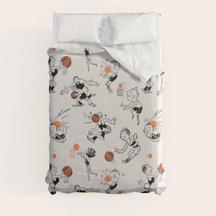 Basketball Fun Comic Illustration Pattern with Balls on Grey Background Duvet Cover
