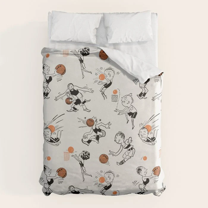 Basketball Fun Comic Illustration Pattern with Balls on Grey Background Duvet Cover