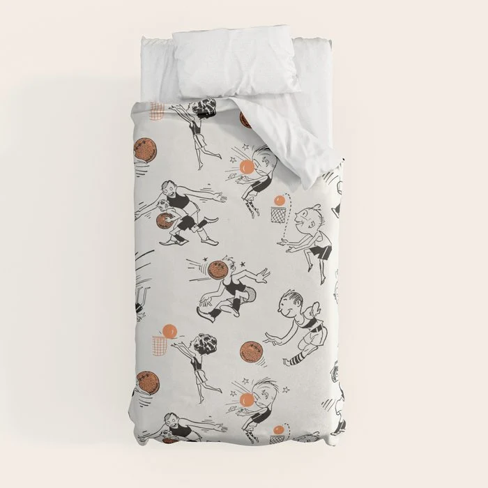 Basketball Fun Comic Illustration Pattern with Balls on Grey Background Duvet Cover