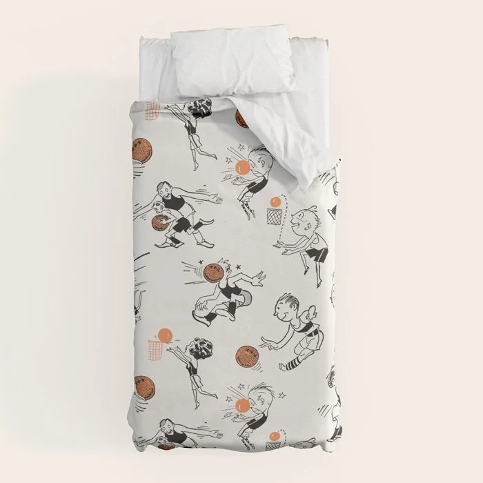 Basketball Fun Comic Illustration Pattern with Balls on Grey Background Duvet Cover