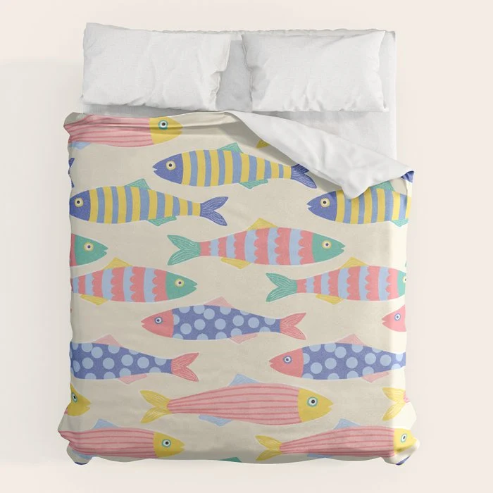 SEA LA VIE - Coastal Pun Fish Art with dots and stripes Duvet Cover