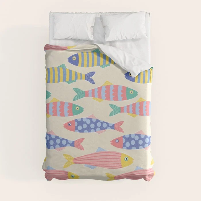 SEA LA VIE - Coastal Pun Fish Art with dots and stripes Duvet Cover
