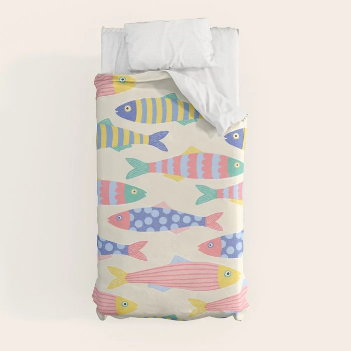 SEA LA VIE - Coastal Pun Fish Art with dots and stripes Duvet Cover