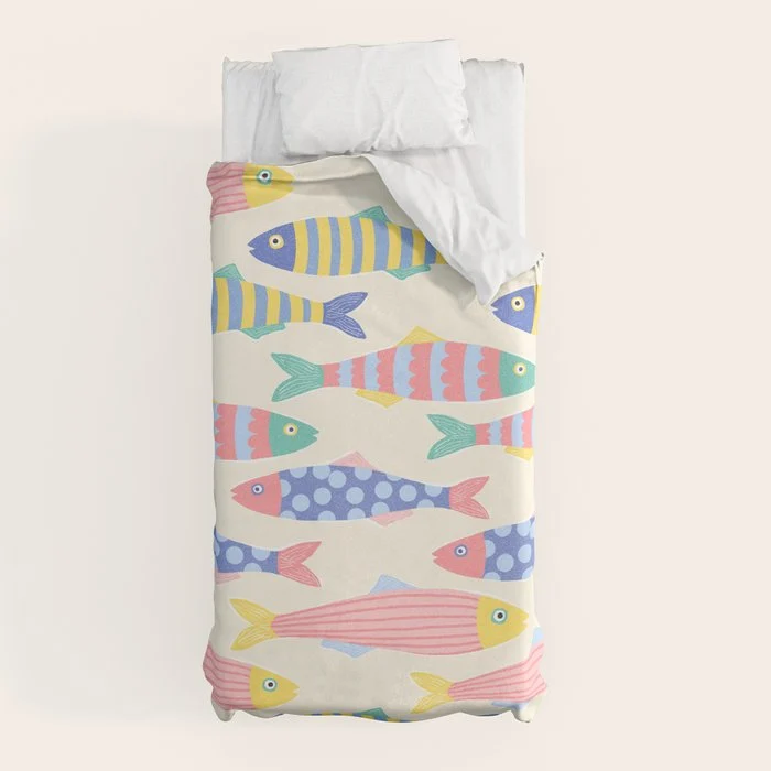 SEA LA VIE - Coastal Pun Fish Art with dots and stripes Duvet Cover