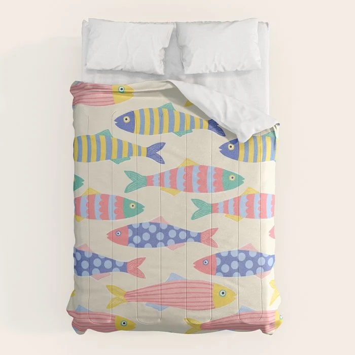 SEA LA VIE - Coastal Pun Fish Art with dots and stripes Comforter