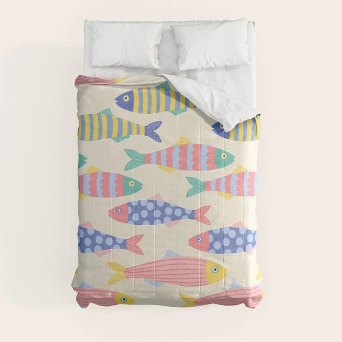 SEA LA VIE - Coastal Pun Fish Art with dots and stripes Comforter