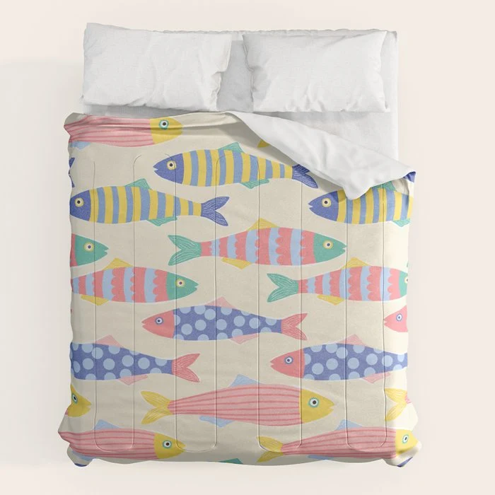 SEA LA VIE - Coastal Pun Fish Art with dots and stripes Comforter