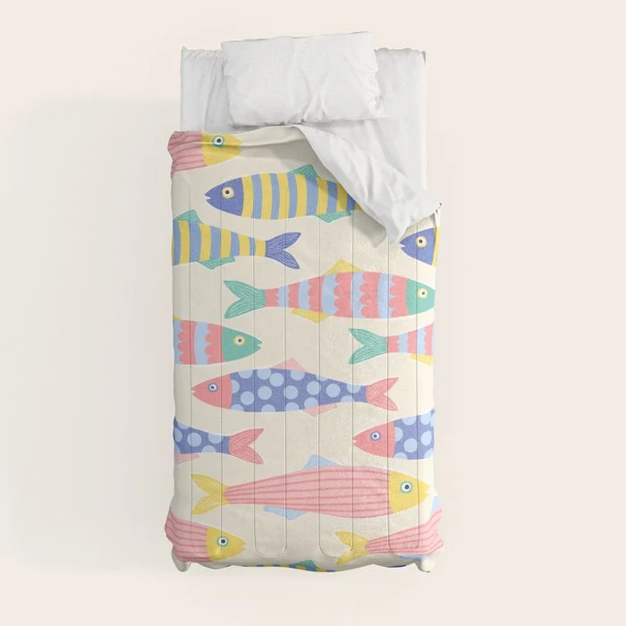 SEA LA VIE - Coastal Pun Fish Art with dots and stripes Comforter