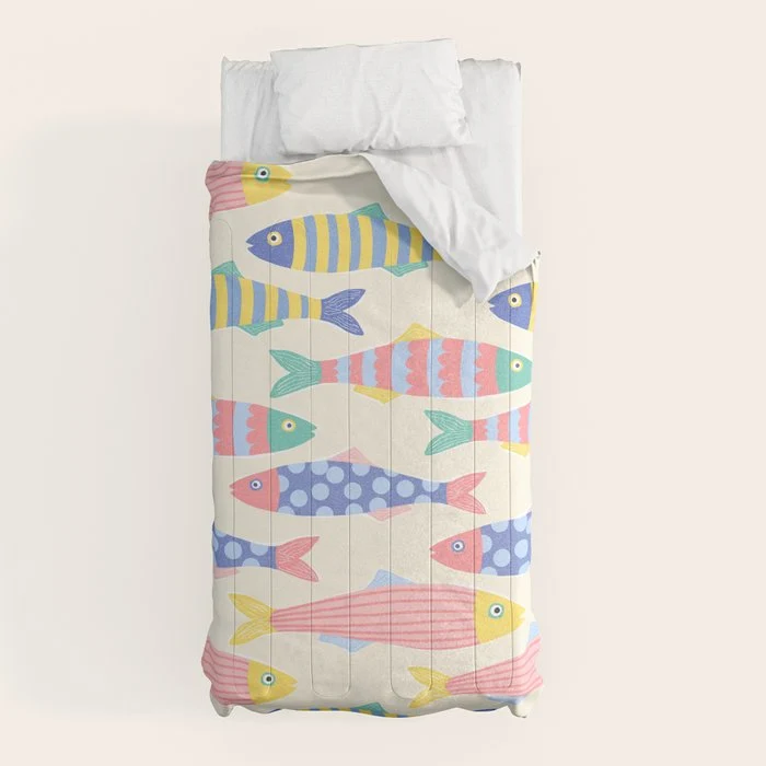 SEA LA VIE - Coastal Pun Fish Art with dots and stripes Comforter