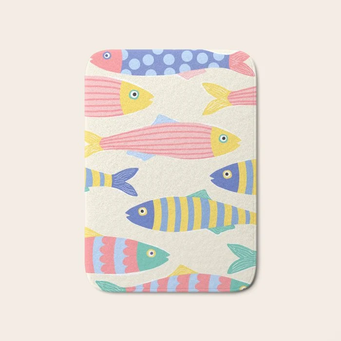 SEA LA VIE - Coastal Pun Fish Art with dots and stripes Bath Mat