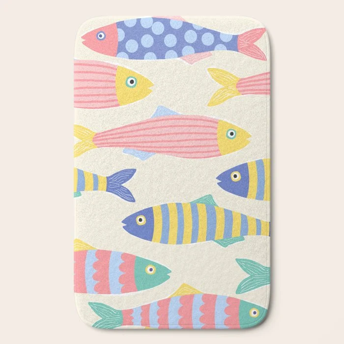 SEA LA VIE - Coastal Pun Fish Art with dots and stripes Bath Mat