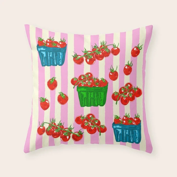 Cherry Tomatoes Euro Summer Aesthetic Stripes Illustration Throw Pillow