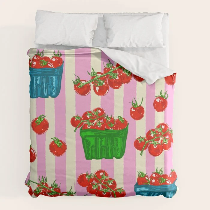 Cherry Tomatoes Euro Summer Aesthetic Stripes Illustration Duvet Cover