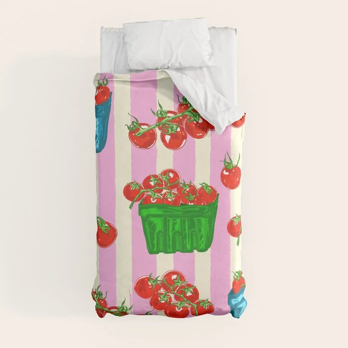 Cherry Tomatoes Euro Summer Aesthetic Stripes Illustration Duvet Cover