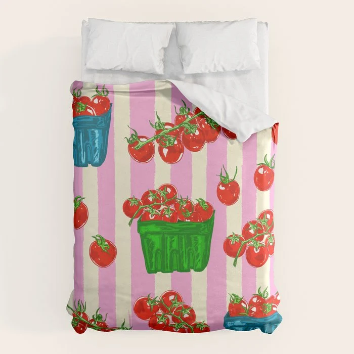 Cherry Tomatoes Euro Summer Aesthetic Stripes Illustration Duvet Cover