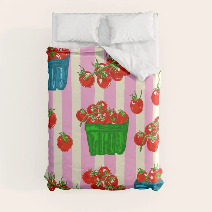 Cherry Tomatoes Euro Summer Aesthetic Stripes Illustration Duvet Cover