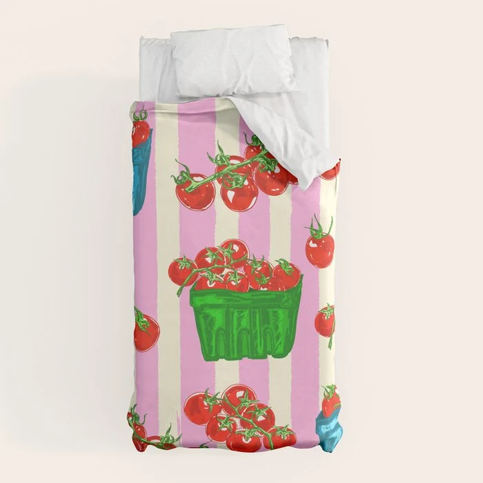 Cherry Tomatoes Euro Summer Aesthetic Stripes Illustration Duvet Cover