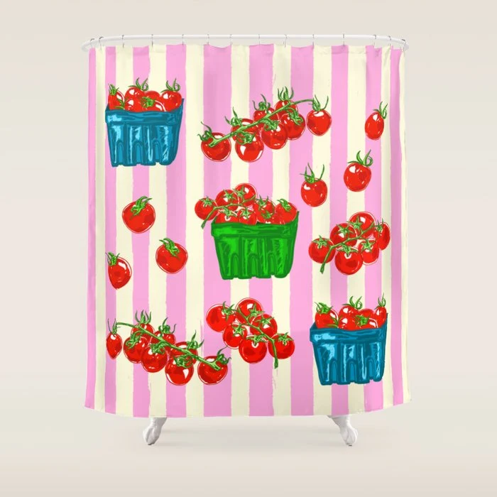 Cherry Tomatoes Euro Summer Aesthetic Stripes Illustration Shower Curtain