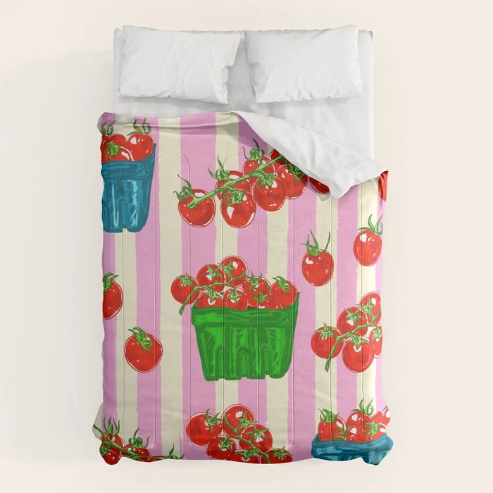 Cherry Tomatoes Euro Summer Aesthetic Stripes Illustration Comforter