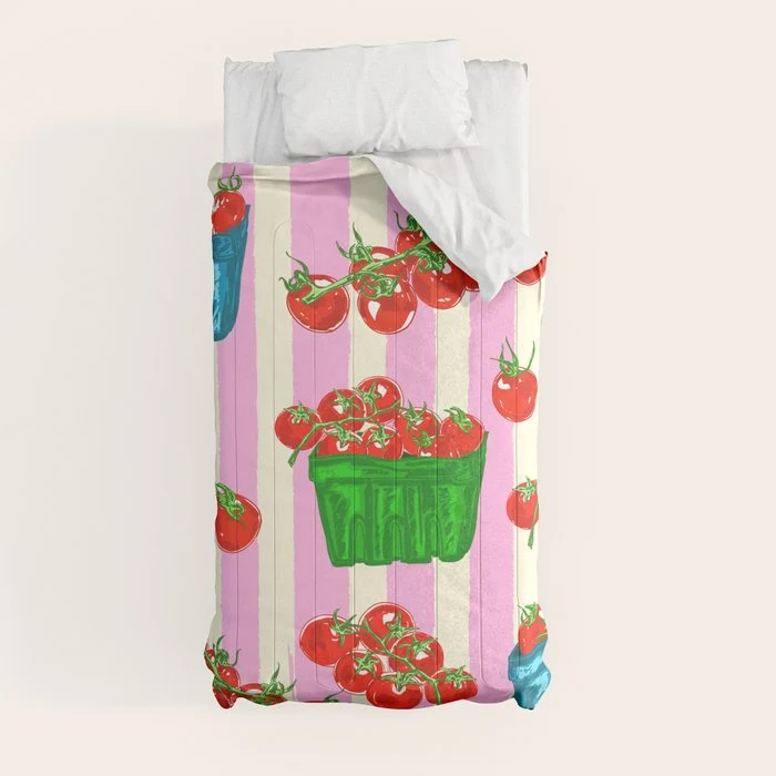 Cherry Tomatoes Euro Summer Aesthetic Stripes Illustration Comforter