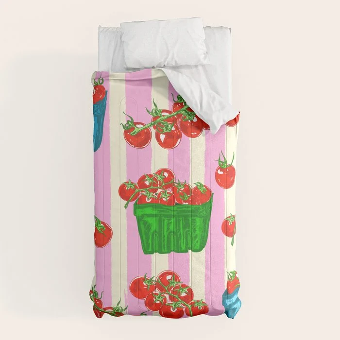 Cherry Tomatoes Euro Summer Aesthetic Stripes Illustration Comforter