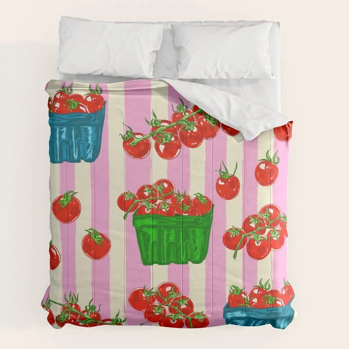 Cherry Tomatoes Euro Summer Aesthetic Stripes Illustration Comforter