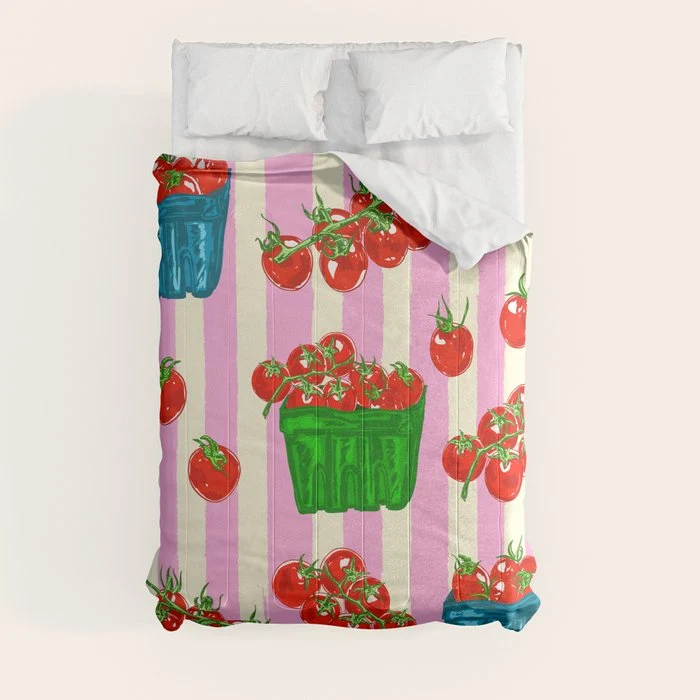 Cherry Tomatoes Euro Summer Aesthetic Stripes Illustration Comforter