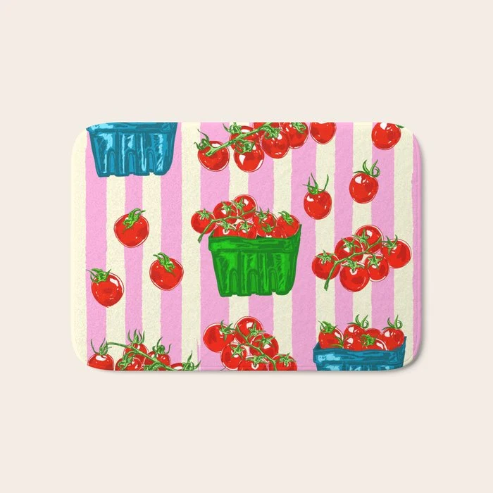 Cherry Tomatoes Euro Summer Aesthetic Stripes Illustration Bath Mat