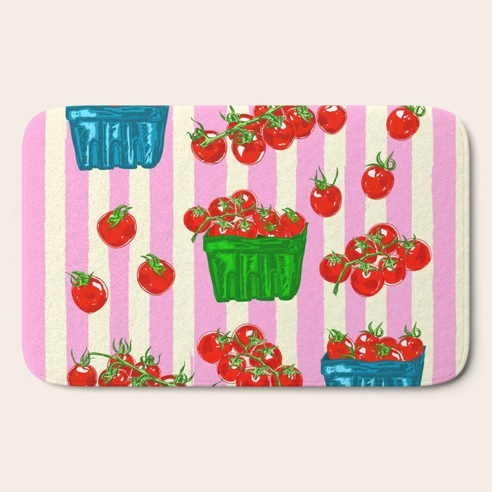 Cherry Tomatoes Euro Summer Aesthetic Stripes Illustration Bath Mat