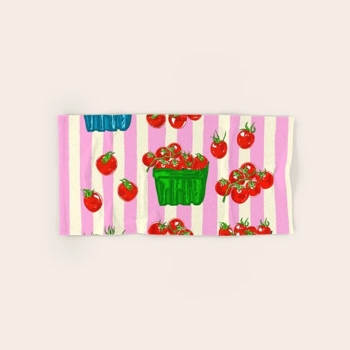 Cherry Tomatoes Euro Summer Aesthetic Stripes Illustration Bath Towel