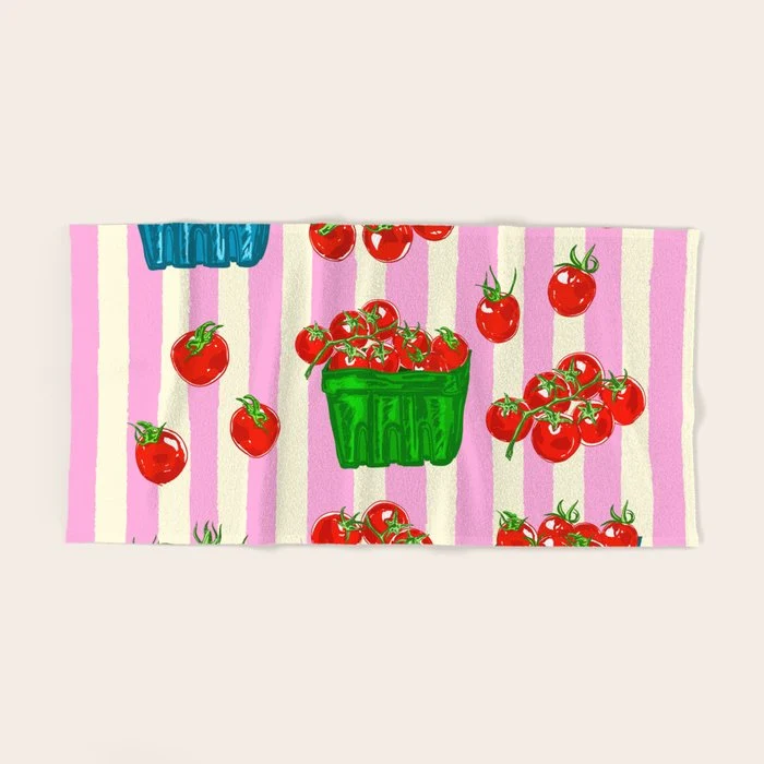 Cherry Tomatoes Euro Summer Aesthetic Stripes Illustration Bath Towel