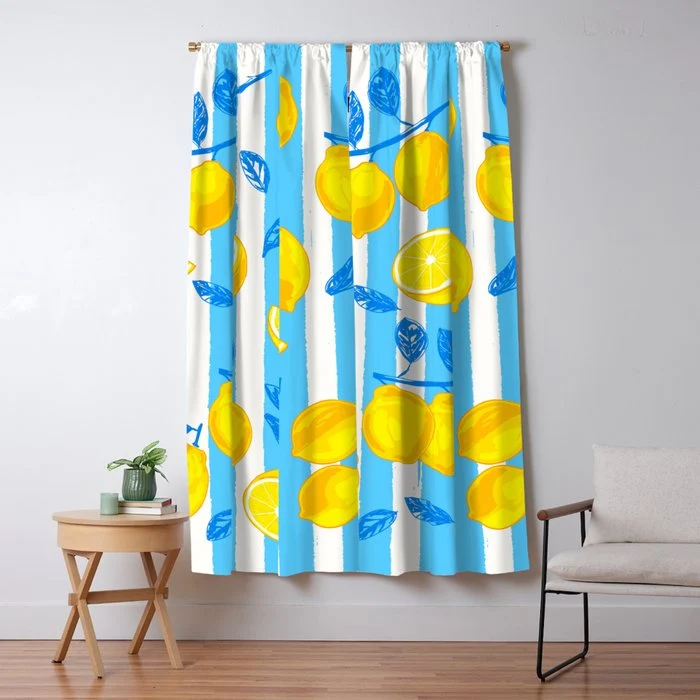 Italian Summer Lemons Pattern Coastal Mediterranean Illustration Window Curtain