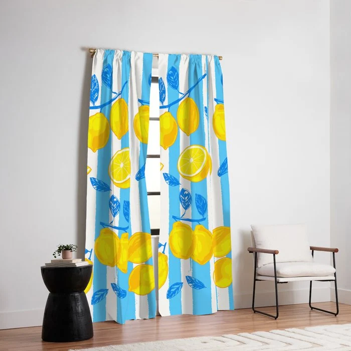Italian Summer Lemons Pattern Coastal Mediterranean Illustration Window Curtain