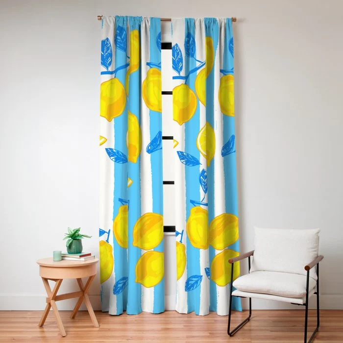 Italian Summer Lemons Pattern Coastal Mediterranean Illustration Window Curtain