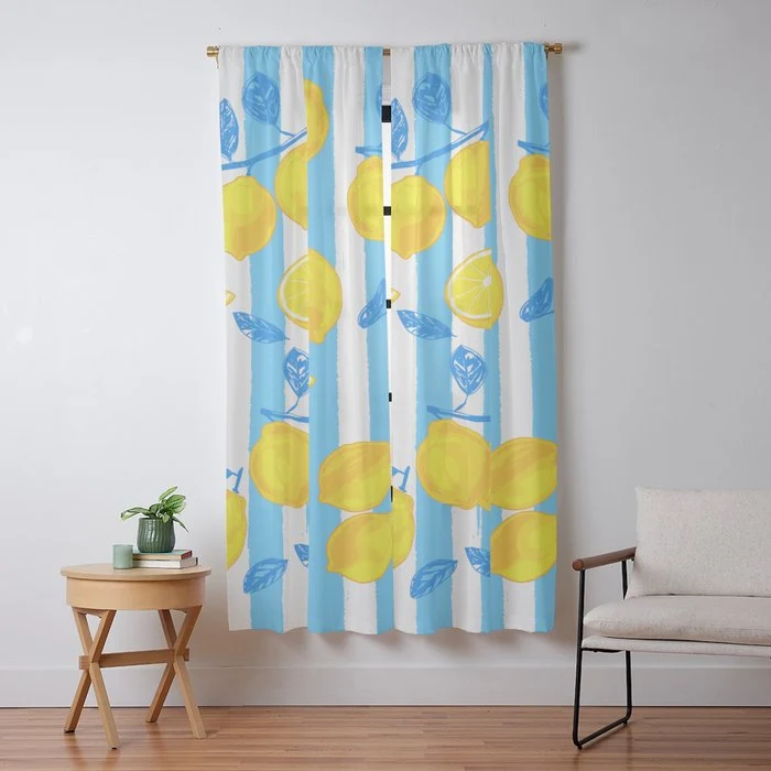 Italian Summer Lemons Pattern Coastal Mediterranean Illustration Window Curtain