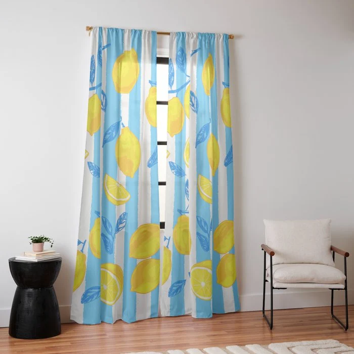 Italian Summer Lemons Pattern Coastal Mediterranean Illustration Window Curtain