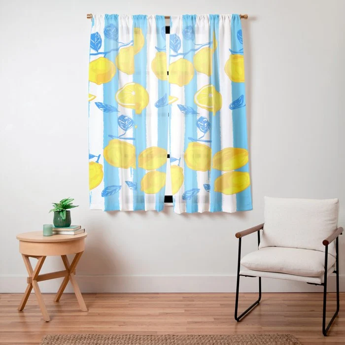 Italian Summer Lemons Pattern Coastal Mediterranean Illustration Window Curtain