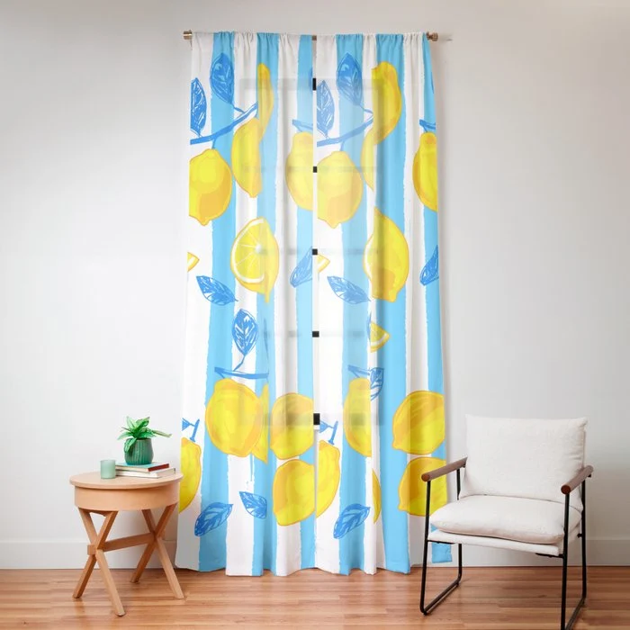 Italian Summer Lemons Pattern Coastal Mediterranean Illustration Window Curtain