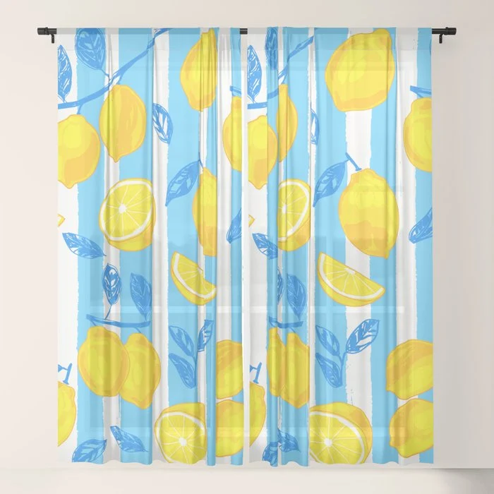 Italian Summer Lemons Pattern Coastal Mediterranean Illustration Window Curtain